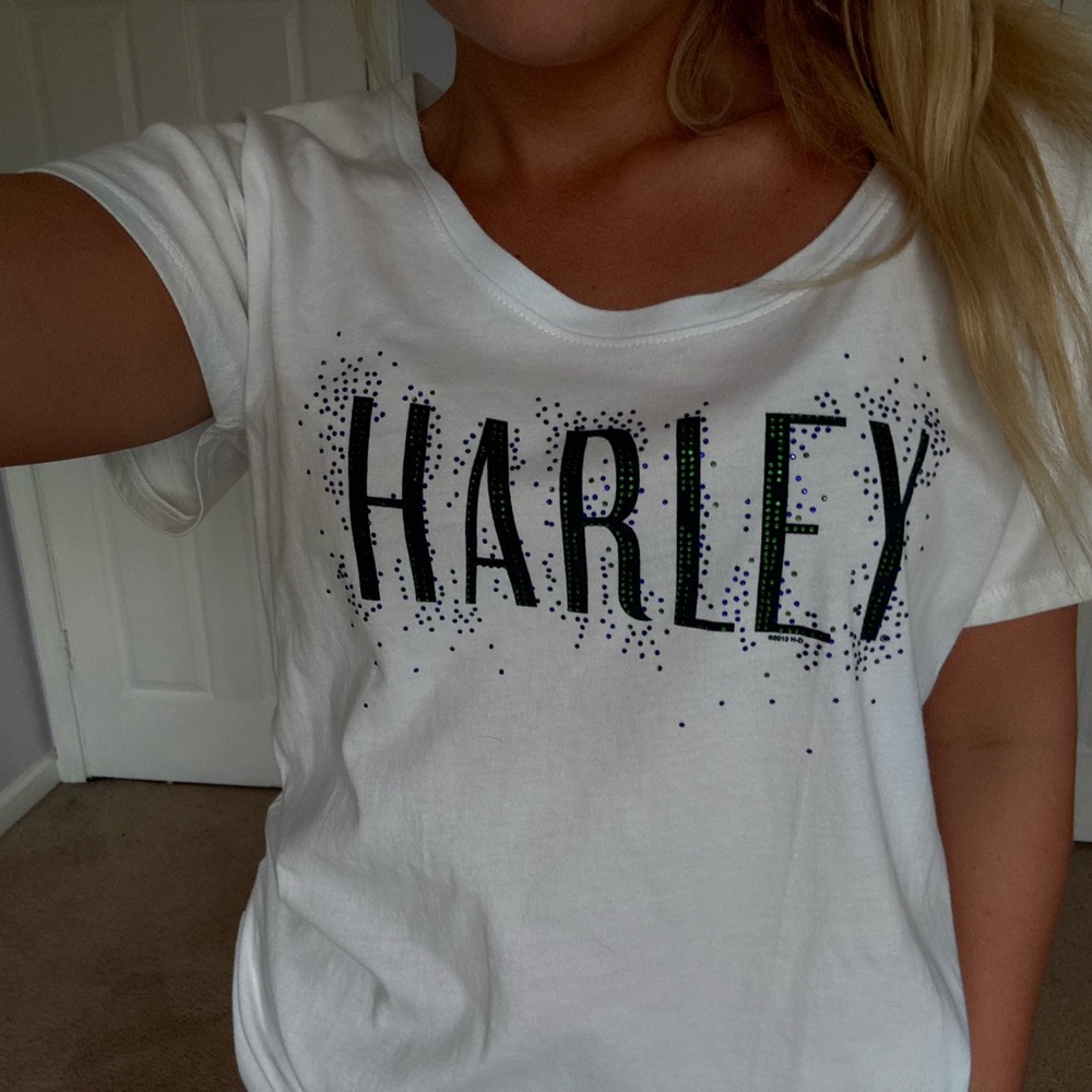 Harley Davidson white rhinestone tee